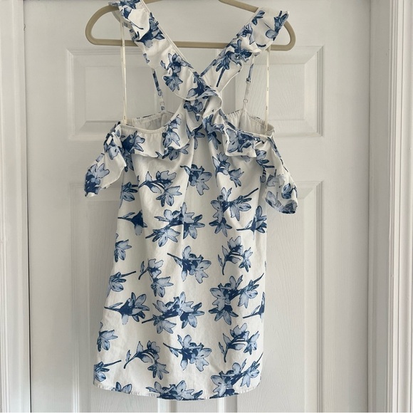 J.O.A. White Blue Floral Ruffle Cotton Cross Cold Shoulder Mini Dress M - Picture 4 of 10